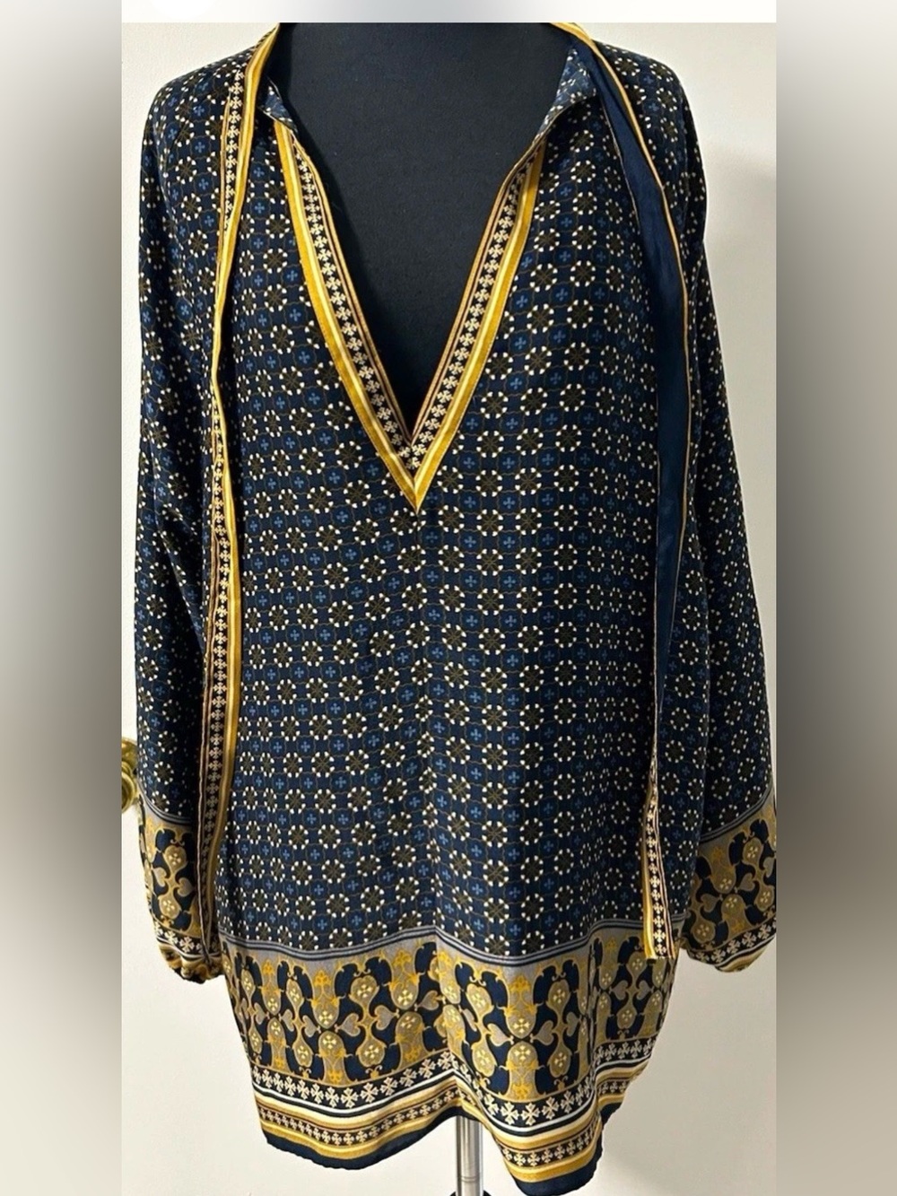 Max Studio Navy Tunic with Gold Border and V-Neck